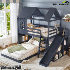 Bellemave® Kids House Bunk Bed with Slide, Storage Shelves & Wardrobe, Low Profile Wood Bunk Bed - Bellemave