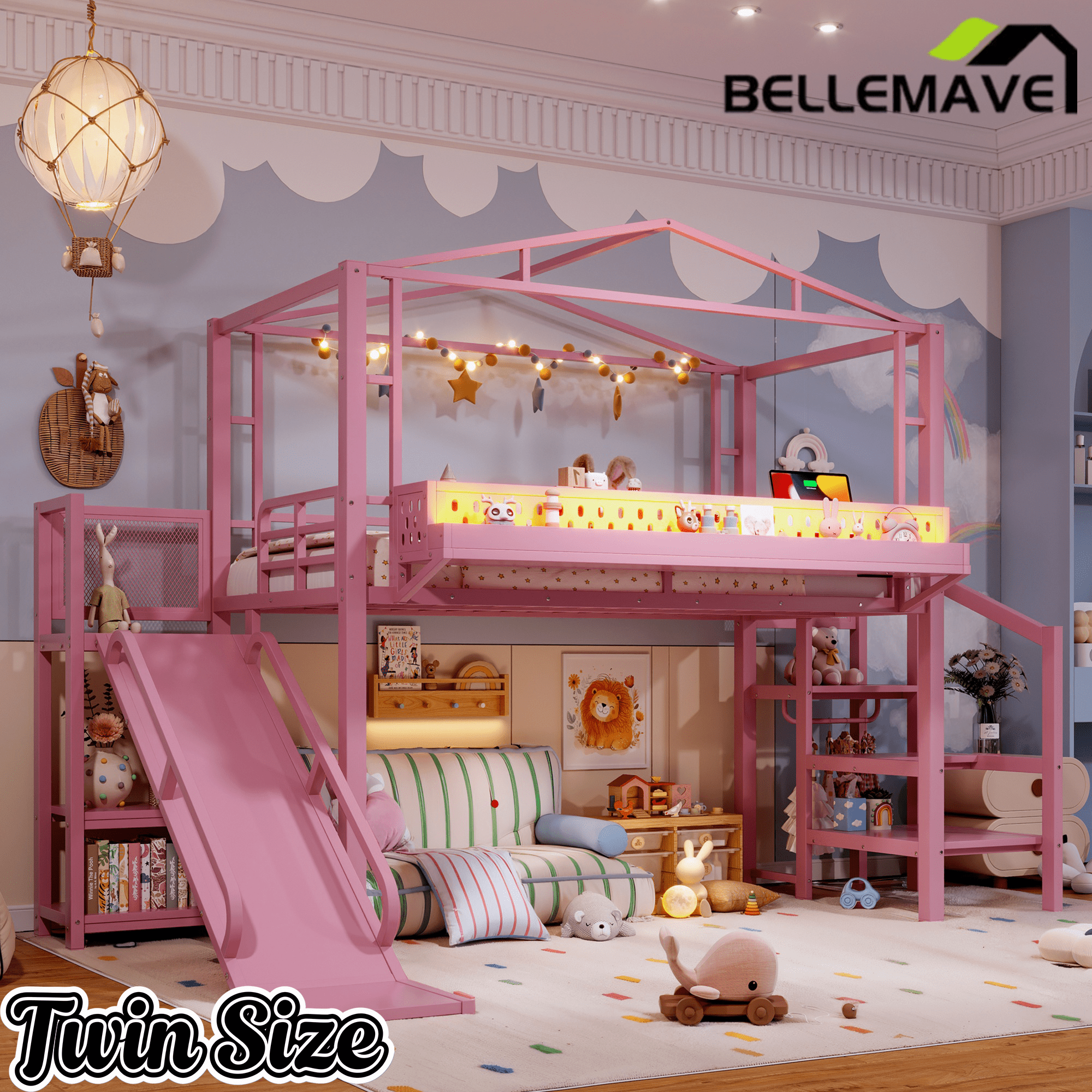 Bellemave® Kids Loft Bed with Slide, Storage Shelves & Hanging Rack, Metal Loft Beds Frame with USB Ports & LED Lights - Bellemave