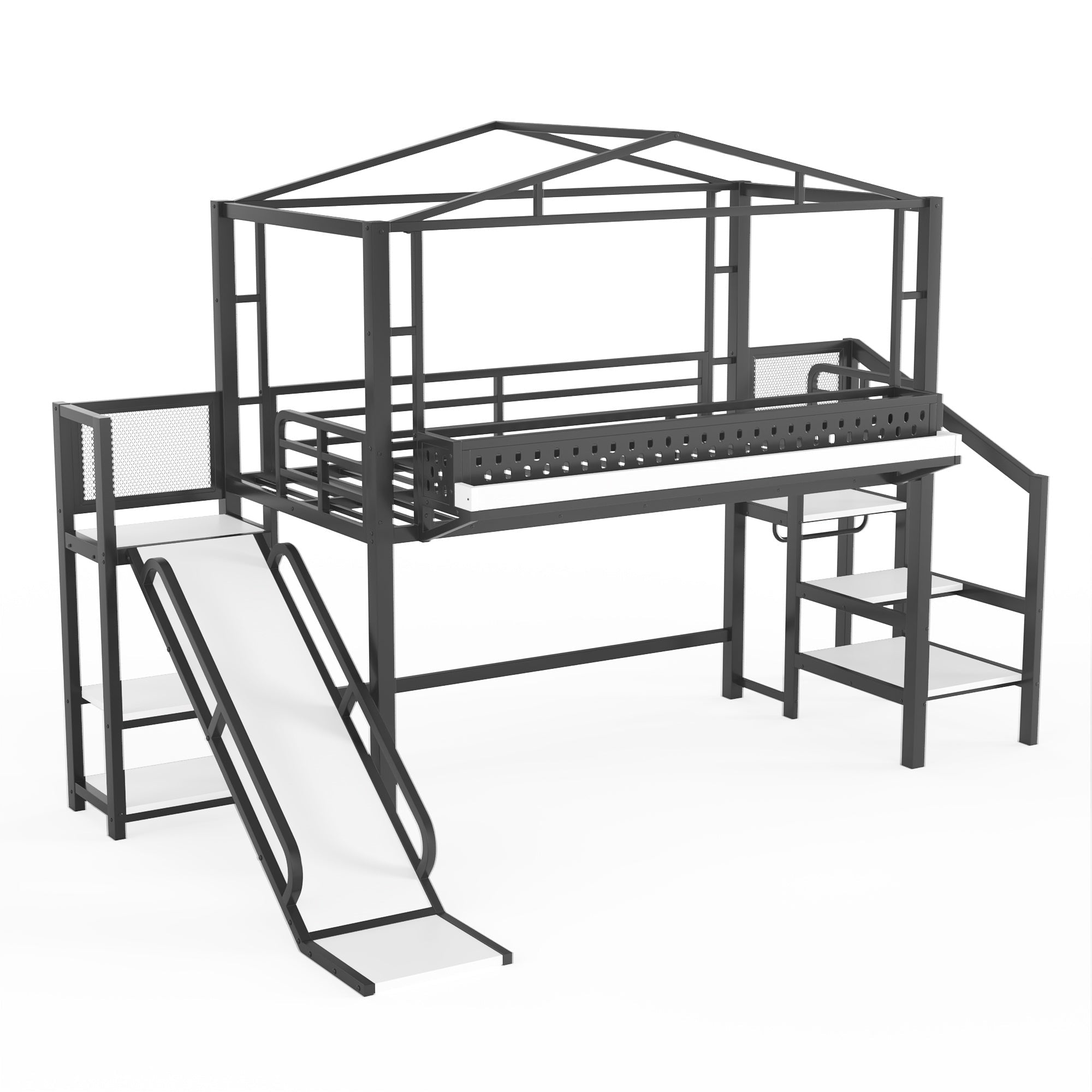 Bellemave® Kids Loft Bed with Slide, Storage Shelves & Hanging Rack, Metal Loft Beds Frame with USB Ports & LED Lights - Bellemave
