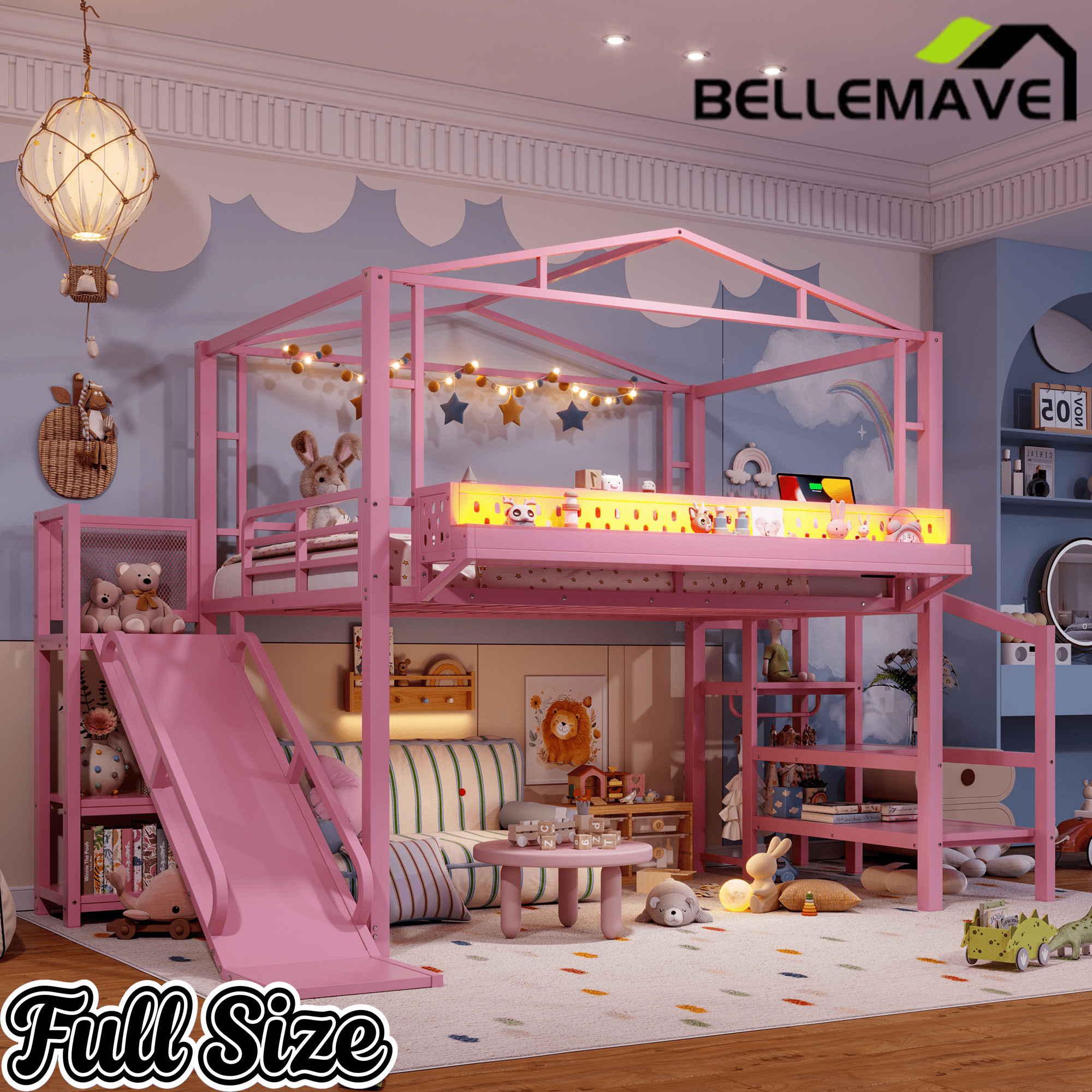 Bellemave® Kids Loft Bed with Slide, Storage Shelves & Hanging Rack, Metal Loft Beds Frame with USB Ports & LED Lights - Bellemave