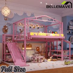 Bellemave® Kids Loft Bed with Slide, Storage Shelves & Hanging Rack, Metal Loft Beds Frame with USB Ports & LED Lights - Bellemave