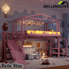 Bellemave® Kids Loft Bed with Slide, Storage Shelves & Hanging Rack, Metal Loft Beds Frame with USB Ports & LED Lights - Bellemave