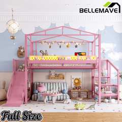 Bellemave® Kids Loft Bed with Slide, Storage Shelves & Hanging Rack, Metal Loft Beds Frame with USB Ports & LED Lights - Bellemave
