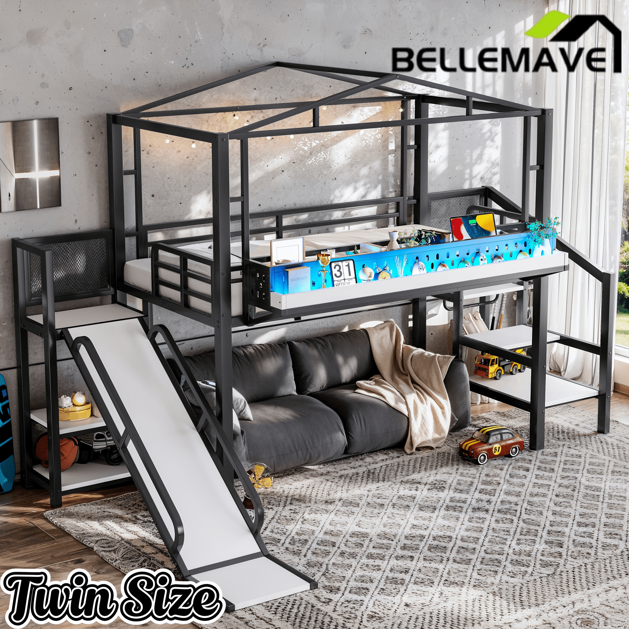 Bellemave® Kids Loft Bed with Slide, Storage Shelves & Hanging Rack, Metal Loft Beds Frame with USB Ports & LED Lights - Bellemave