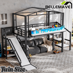 Bellemave® Kids Loft Bed with Slide, Storage Shelves & Hanging Rack, Metal Loft Beds Frame with USB Ports & LED Lights - Bellemave