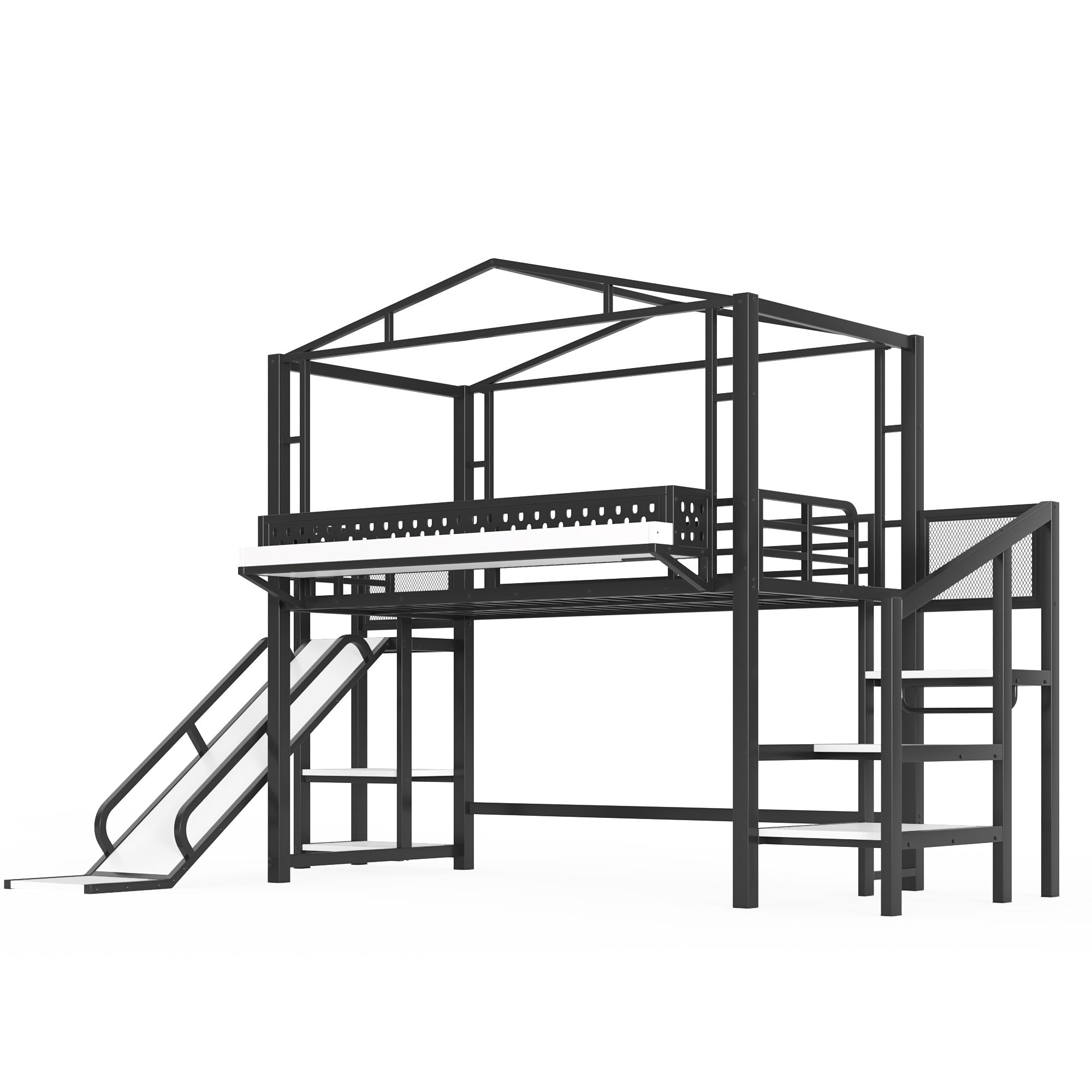 Bellemave® Kids Loft Bed with Slide, Storage Shelves & Hanging Rack, Metal Loft Beds Frame with USB Ports & LED Lights - Bellemave