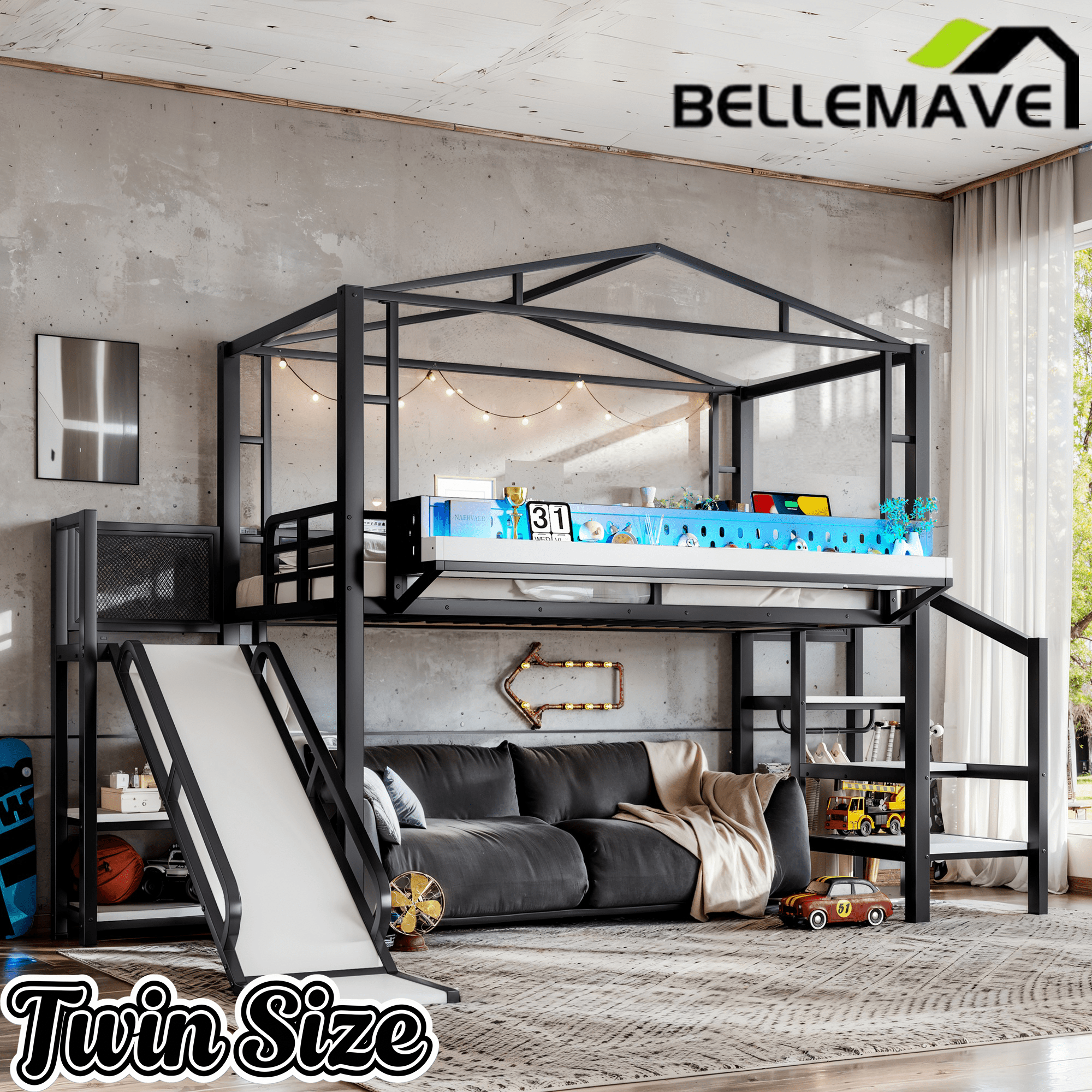 Bellemave® Kids Loft Bed with Slide, Storage Shelves & Hanging Rack, Metal Loft Beds Frame with USB Ports & LED Lights - Bellemave
