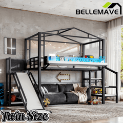 Bellemave® Kids Loft Bed with Slide, Storage Shelves & Hanging Rack, Metal Loft Beds Frame with USB Ports & LED Lights - Bellemave