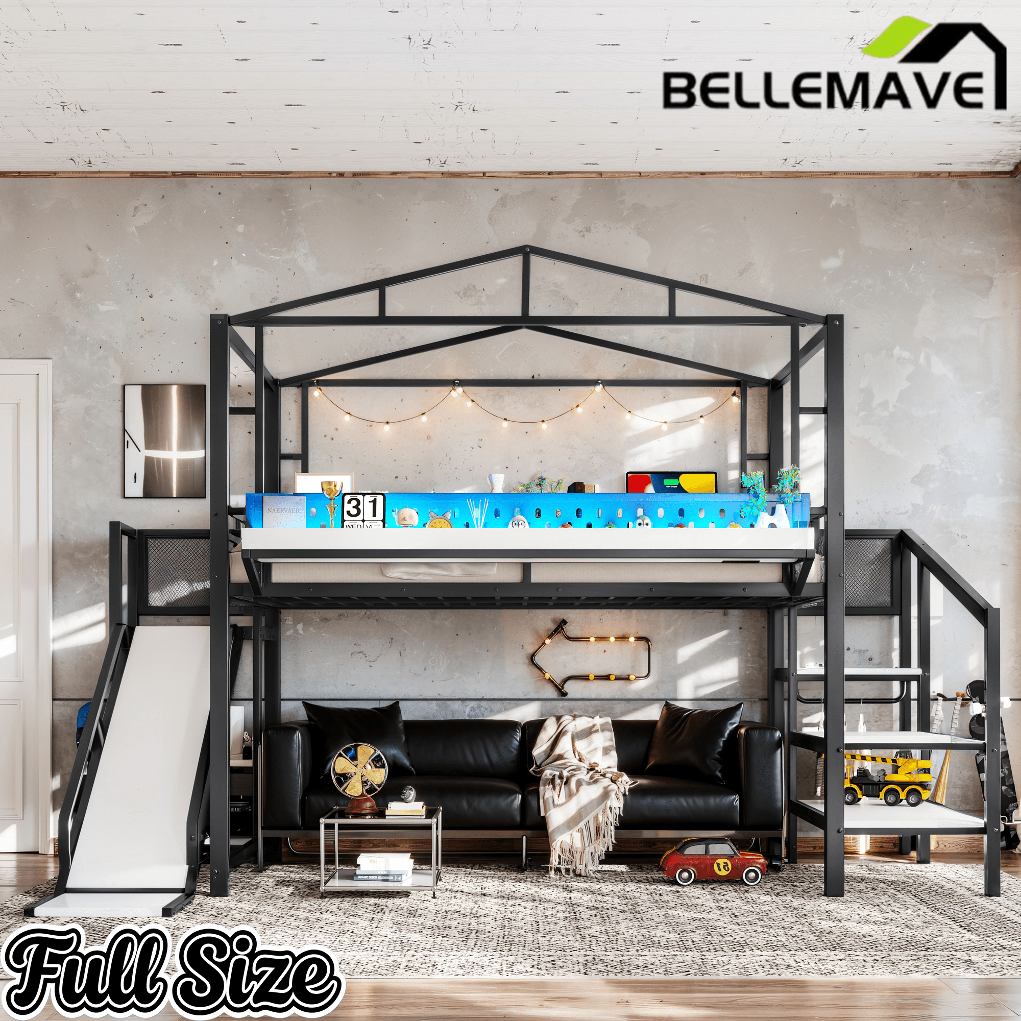 Bellemave® Kids Loft Bed with Slide, Storage Shelves & Hanging Rack, Metal Loft Beds Frame with USB Ports & LED Lights - Bellemave