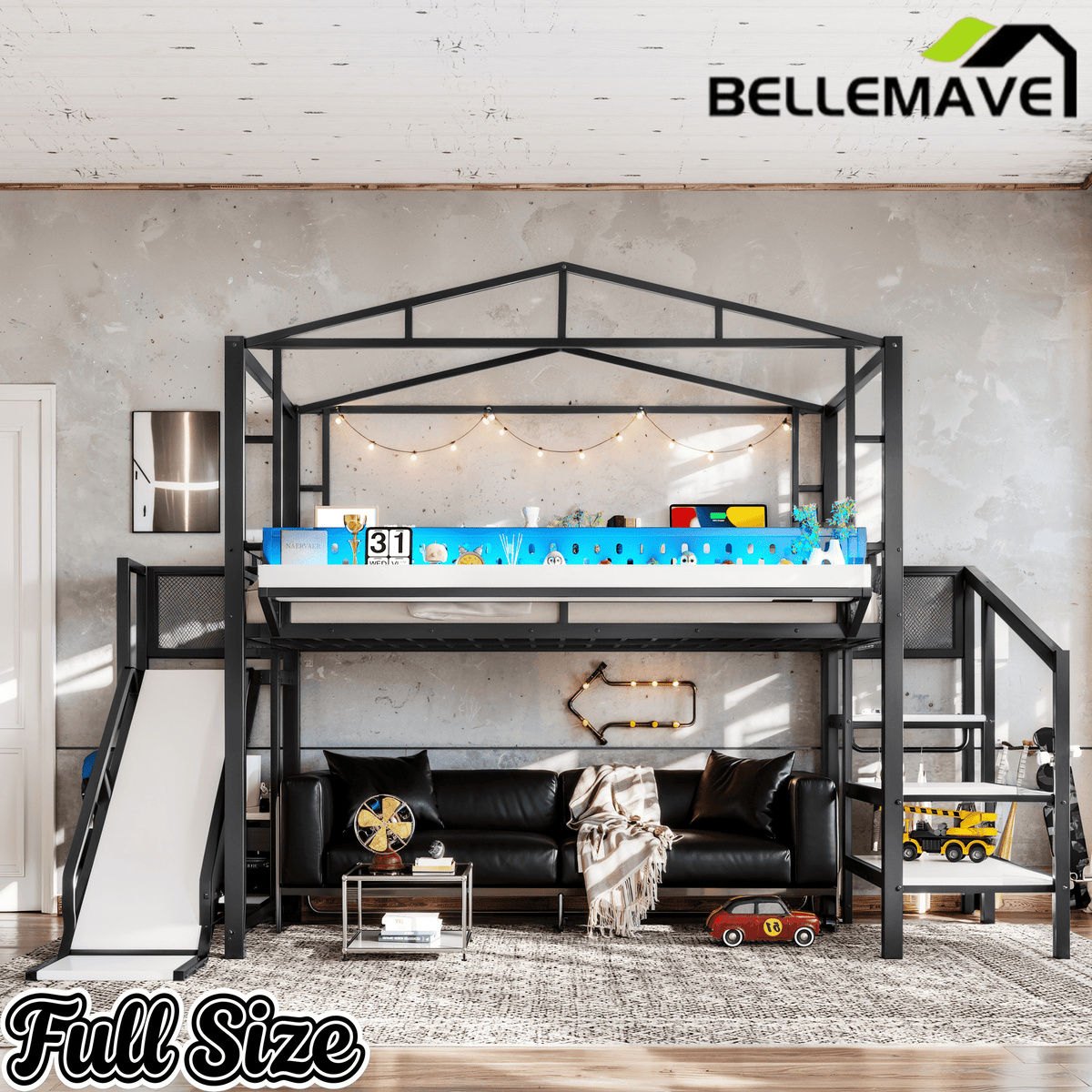 Bellemave® Kids Loft Bed with Slide, Storage Shelves & Hanging Rack, Metal Loft Beds Frame with USB Ports & LED Lights - Bellemave