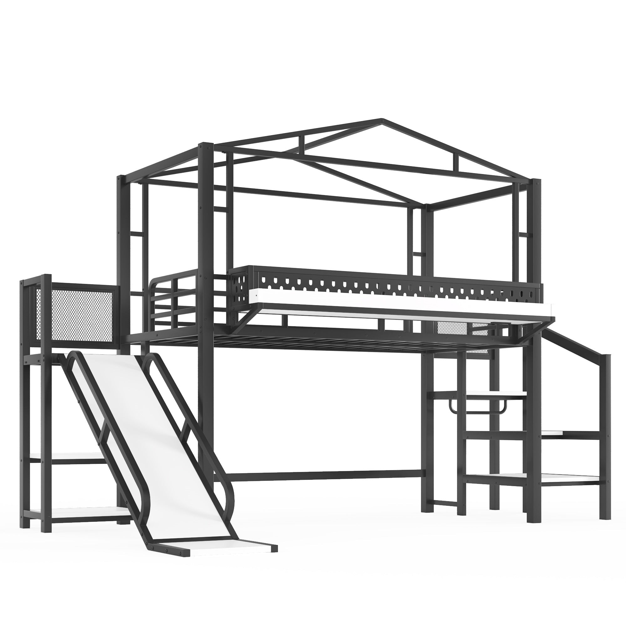 Bellemave® Kids Loft Bed with Slide, Storage Shelves & Hanging Rack, Metal Loft Beds Frame with USB Ports & LED Lights - Bellemave