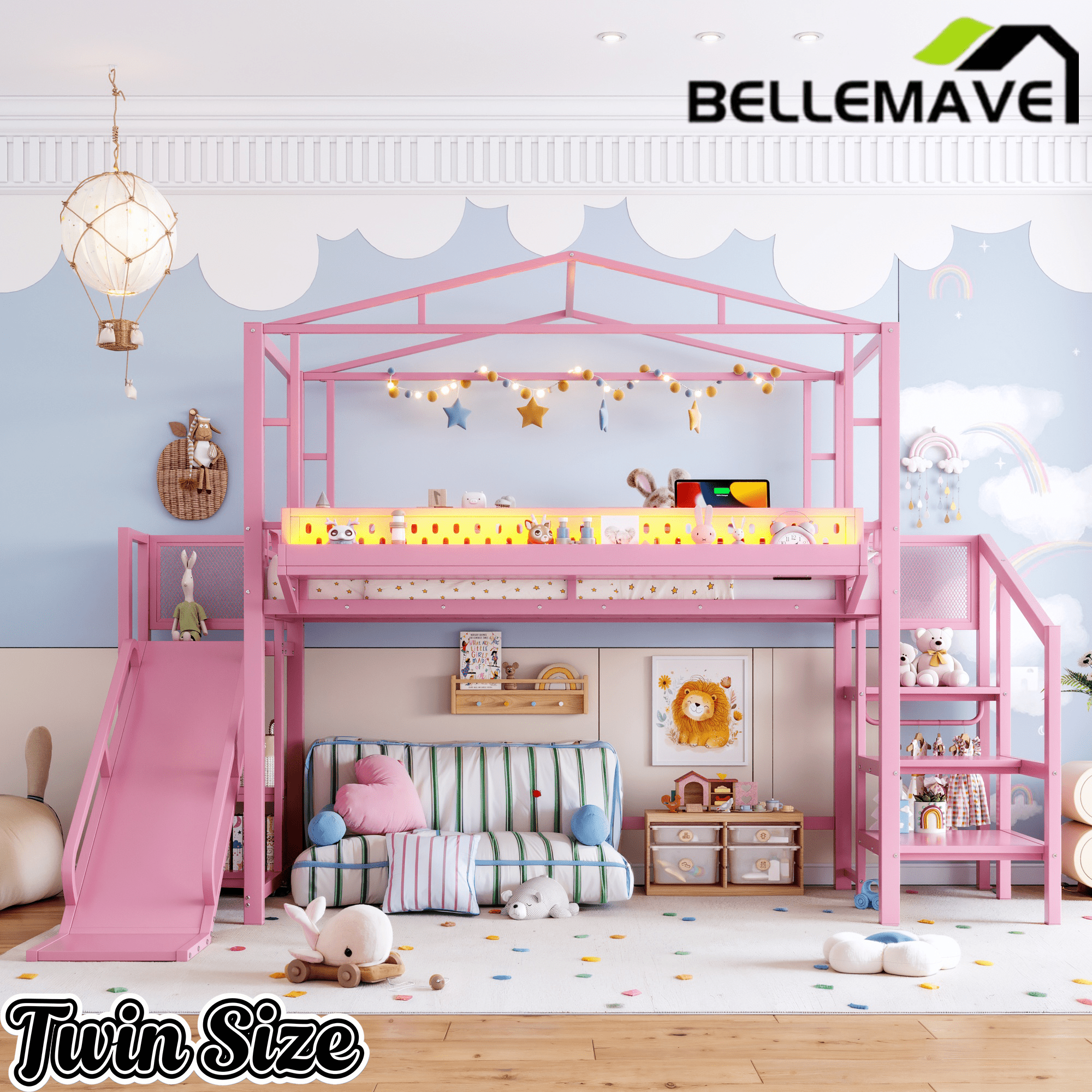 Bellemave® Kids Loft Bed with Slide, Storage Shelves & Hanging Rack, Metal Loft Beds Frame with USB Ports & LED Lights - Bellemave