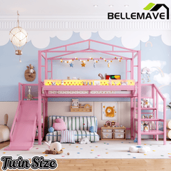 Bellemave® Kids Loft Bed with Slide, Storage Shelves & Hanging Rack, Metal Loft Beds Frame with USB Ports & LED Lights - Bellemave