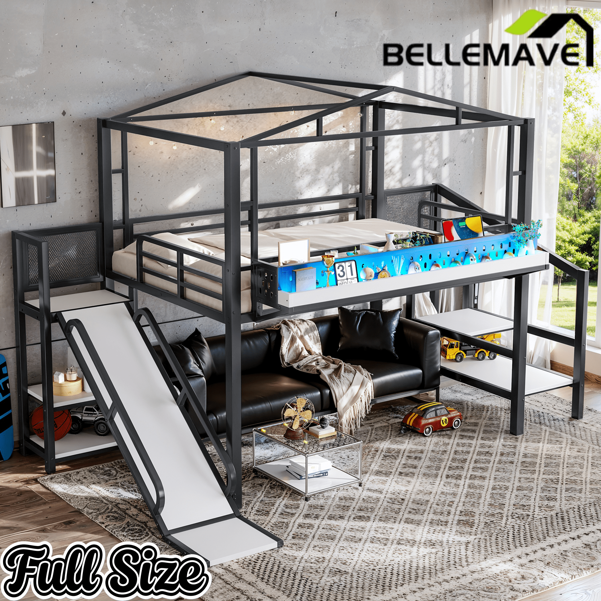 Bellemave® Kids Loft Bed with Slide, Storage Shelves & Hanging Rack, Metal Loft Beds Frame with USB Ports & LED Lights - Bellemave