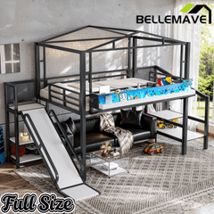 Bellemave® Kids Loft Bed with Slide, Storage Shelves & Hanging Rack, Metal Loft Beds Frame with USB Ports & LED Lights - Bellemave