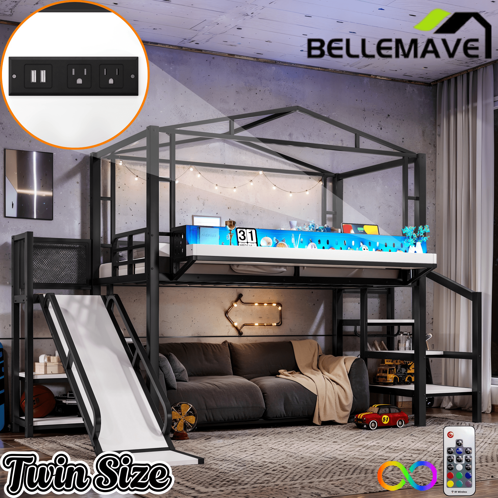 Bellemave® Kids Loft Bed with Slide, Storage Shelves & Hanging Rack, Metal Loft Beds Frame with USB Ports & LED Lights - Bellemave