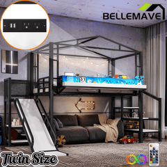 Bellemave® Kids Loft Bed with Slide, Storage Shelves & Hanging Rack, Metal Loft Beds Frame with USB Ports & LED Lights - Bellemave
