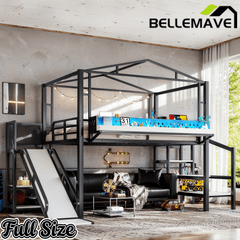 Bellemave® Kids Loft Bed with Slide, Storage Shelves & Hanging Rack, Metal Loft Beds Frame with USB Ports & LED Lights - Bellemave