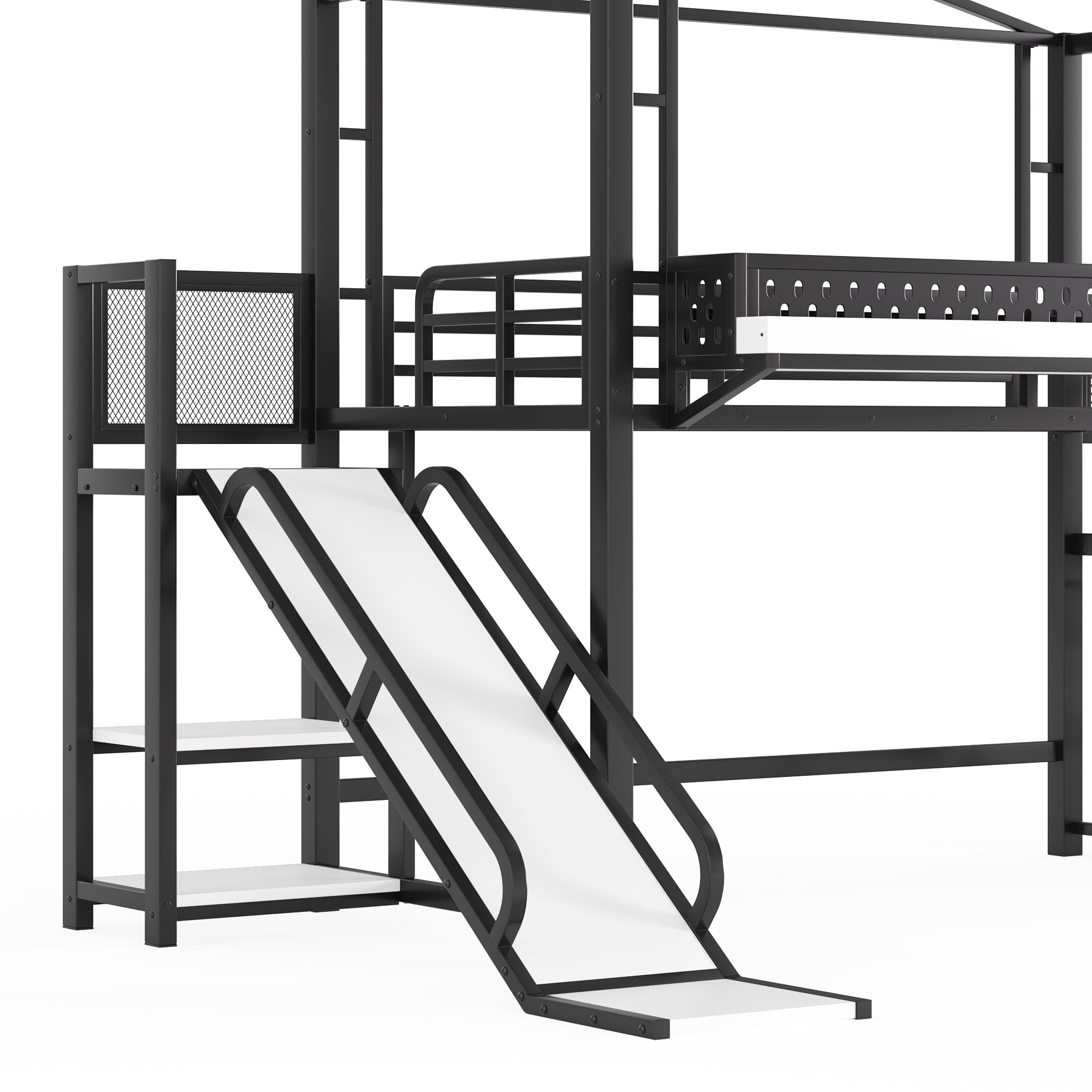 Bellemave® Kids Loft Bed with Slide, Storage Shelves & Hanging Rack, Metal Loft Beds Frame with USB Ports & LED Lights - Bellemave