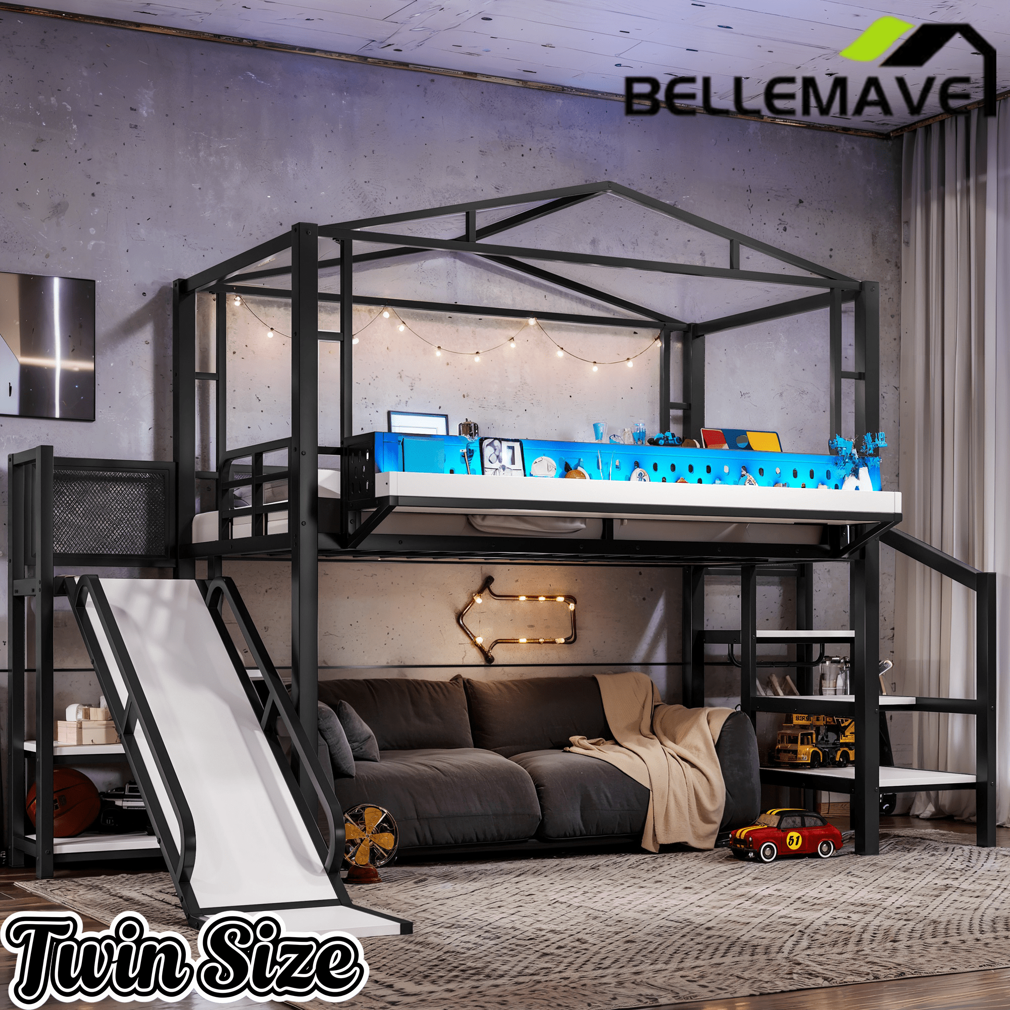 Bellemave® Kids Loft Bed with Slide, Storage Shelves & Hanging Rack, Metal Loft Beds Frame with USB Ports & LED Lights - Bellemave
