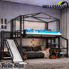 Bellemave® Kids Loft Bed with Slide, Storage Shelves & Hanging Rack, Metal Loft Beds Frame with USB Ports & LED Lights - Bellemave