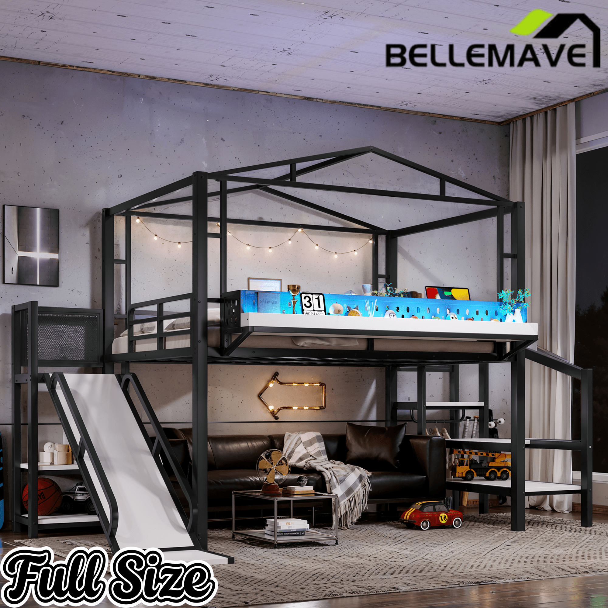 Bellemave® Kids Loft Bed with Slide, Storage Shelves & Hanging Rack, Metal Loft Beds Frame with USB Ports & LED Lights - Bellemave