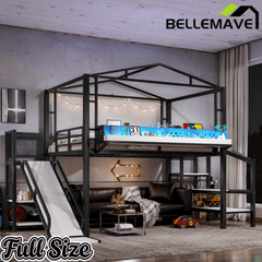 Bellemave® Kids Loft Bed with Slide, Storage Shelves & Hanging Rack, Metal Loft Beds Frame with USB Ports & LED Lights - Bellemave