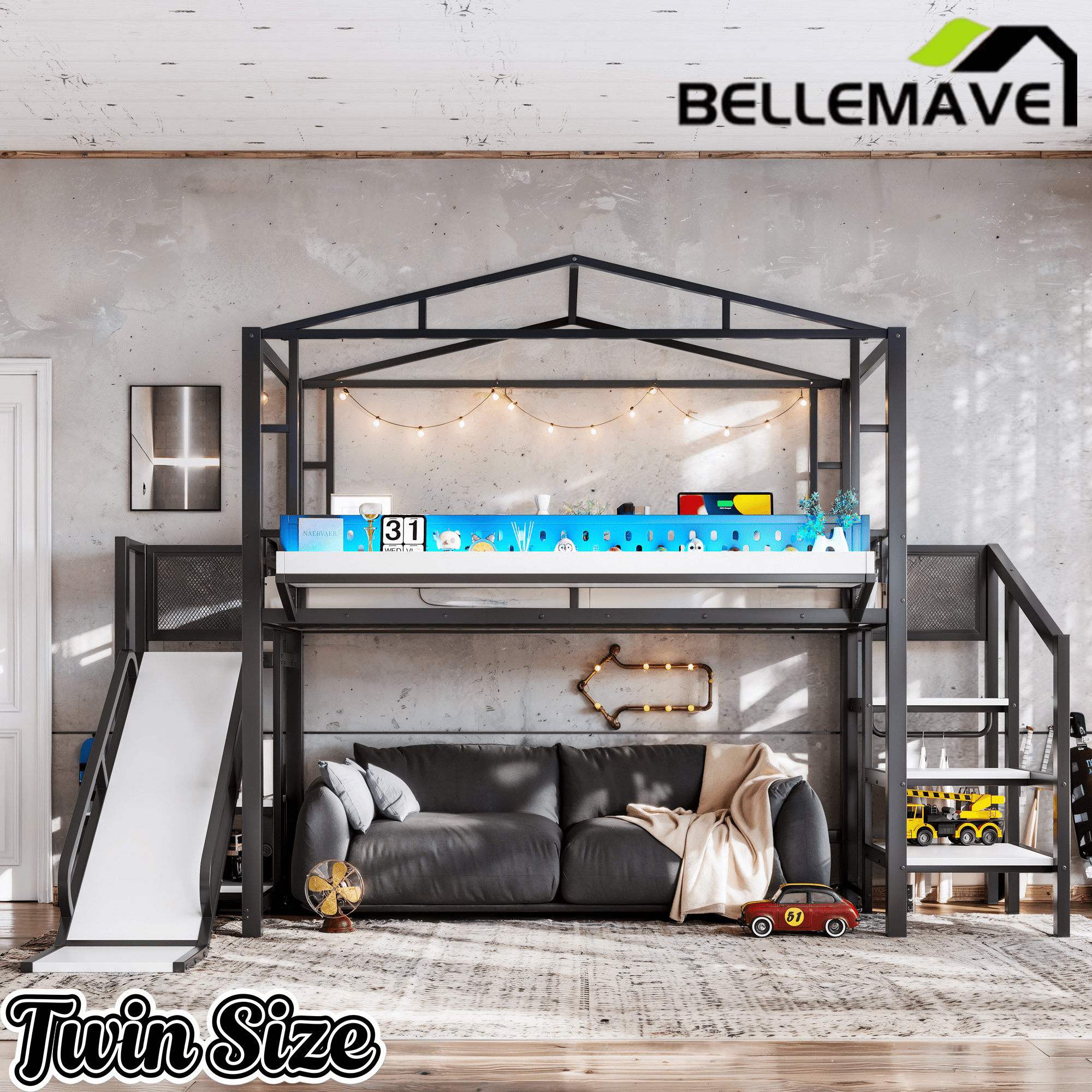 Bellemave® Kids Loft Bed with Slide, Storage Shelves & Hanging Rack, Metal Loft Beds Frame with USB Ports & LED Lights - Bellemave