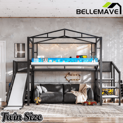 Bellemave® Kids Loft Bed with Slide, Storage Shelves & Hanging Rack, Metal Loft Beds Frame with USB Ports & LED Lights - Bellemave