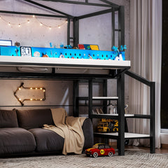 Bellemave® Kids Loft Bed with Slide, Storage Shelves & Hanging Rack, Metal Loft Beds Frame with USB Ports & LED Lights - Bellemave