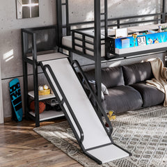 Bellemave® Kids Loft Bed with Slide, Storage Shelves & Hanging Rack, Metal Loft Beds Frame with USB Ports & LED Lights - Bellemave