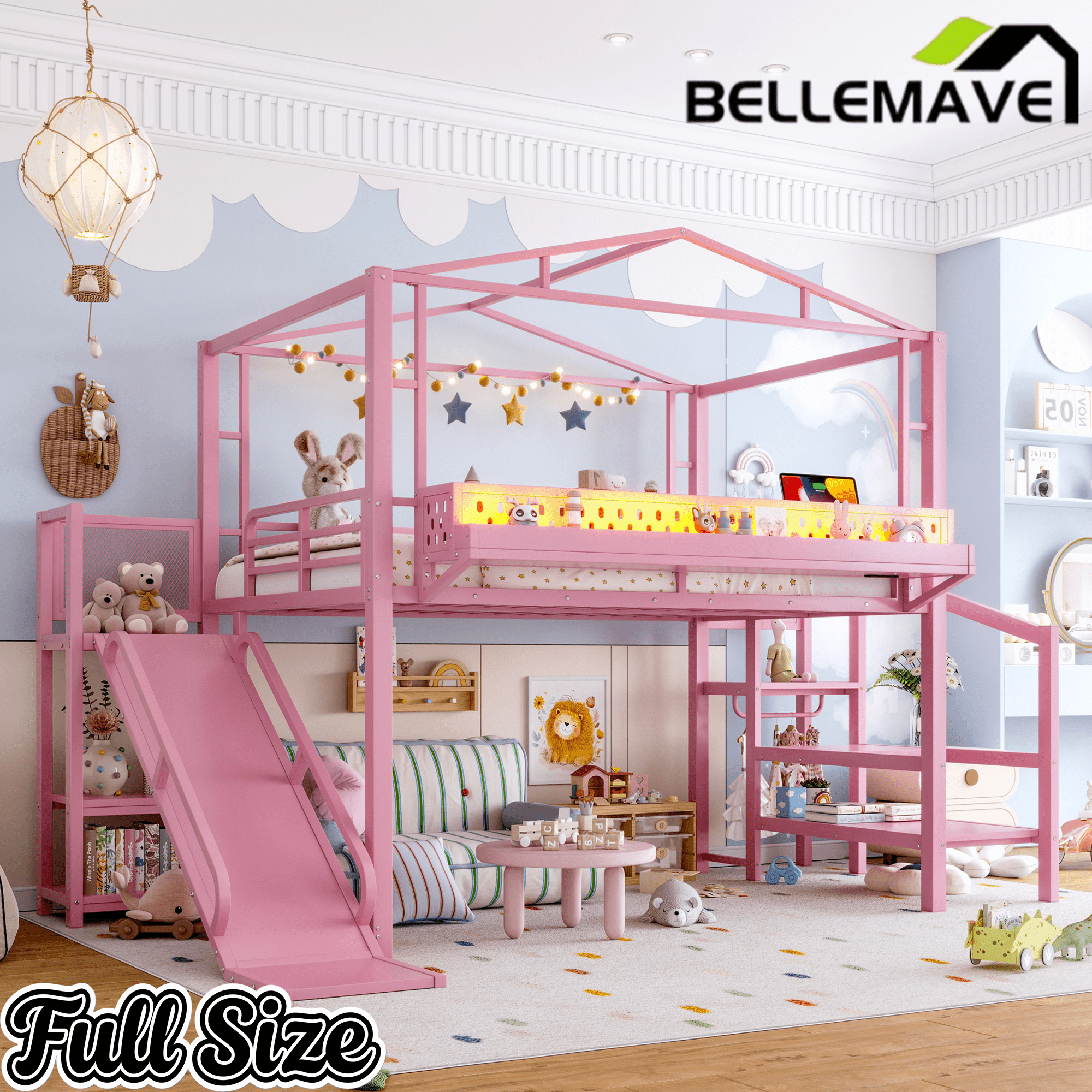 Bellemave® Kids Loft Bed with Slide, Storage Shelves & Hanging Rack, Metal Loft Beds Frame with USB Ports & LED Lights - Bellemave