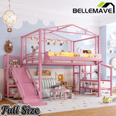 Bellemave® Kids Loft Bed with Slide, Storage Shelves & Hanging Rack, Metal Loft Beds Frame with USB Ports & LED Lights - Bellemave