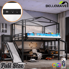 Bellemave® Kids Loft Bed with Slide, Storage Shelves & Hanging Rack, Metal Loft Beds Frame with USB Ports & LED Lights - Bellemave