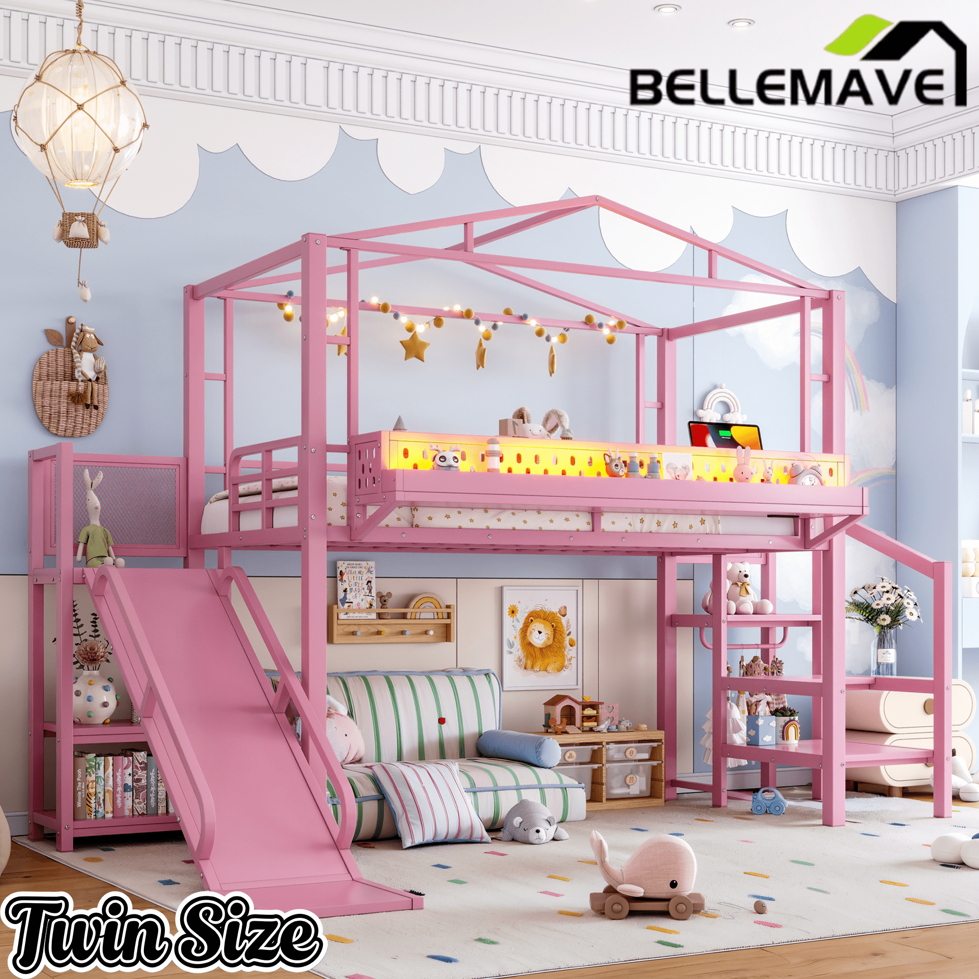 Bellemave® Kids Loft Bed with Slide, Storage Shelves & Hanging Rack, Metal Loft Beds Frame with USB Ports & LED Lights - Bellemave