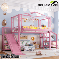 Bellemave® Kids Loft Bed with Slide, Storage Shelves & Hanging Rack, Metal Loft Beds Frame with USB Ports & LED Lights - Bellemave