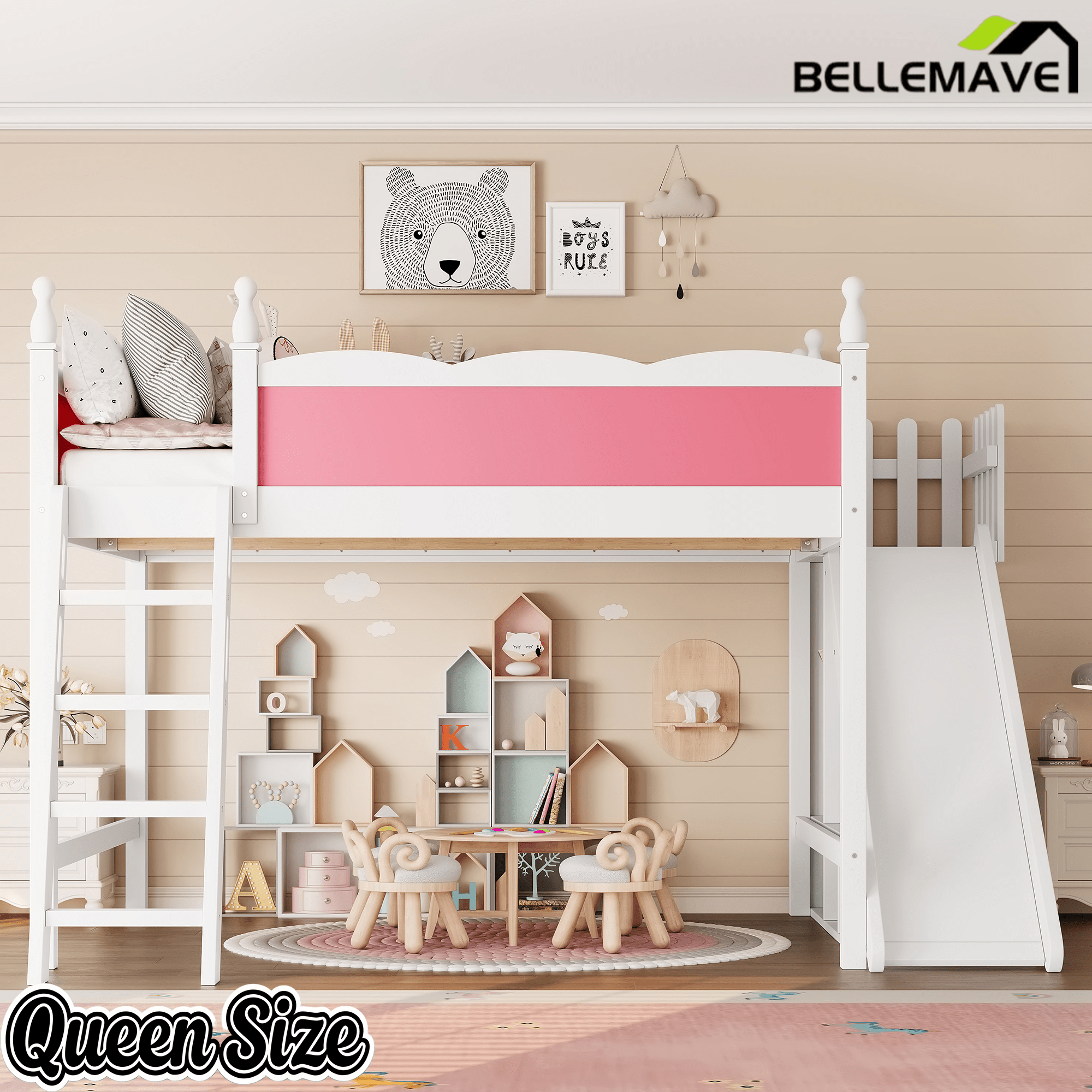 Bellemave® Kids Loft Bed with Storage Shelves & Wardrobe, Solid Wood Loft Bed Frame with Detachable Slide & Ladder for Girls & Boys - Bellemave
