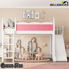 Bellemave® Kids Loft Bed with Storage Shelves & Wardrobe, Solid Wood Loft Bed Frame with Detachable Slide & Ladder for Girls & Boys - Bellemave
