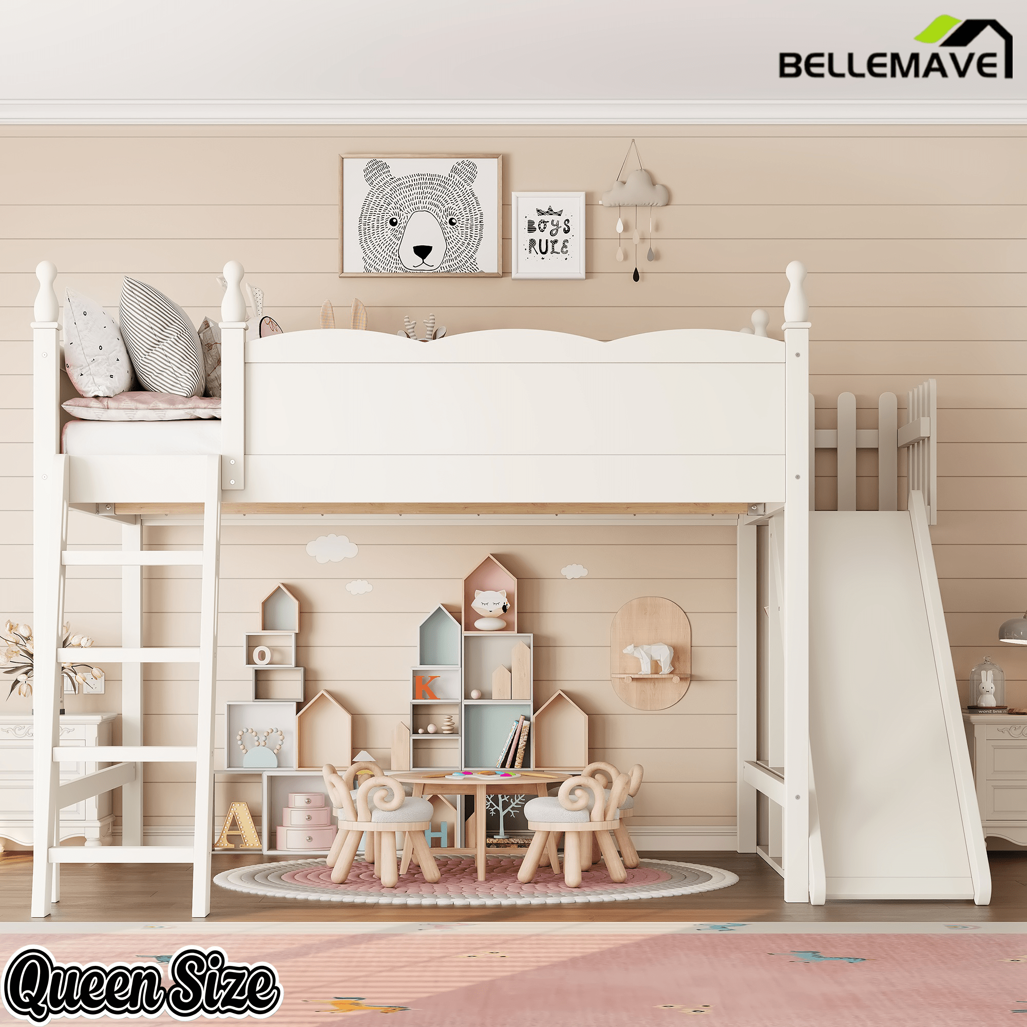 Bellemave® Kids Loft Bed with Storage Shelves & Wardrobe, Solid Wood Loft Bed Frame with Detachable Slide & Ladder for Girls & Boys - Bellemave