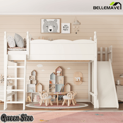Bellemave® Kids Loft Bed with Storage Shelves & Wardrobe, Solid Wood Loft Bed Frame with Detachable Slide & Ladder for Girls & Boys - Bellemave