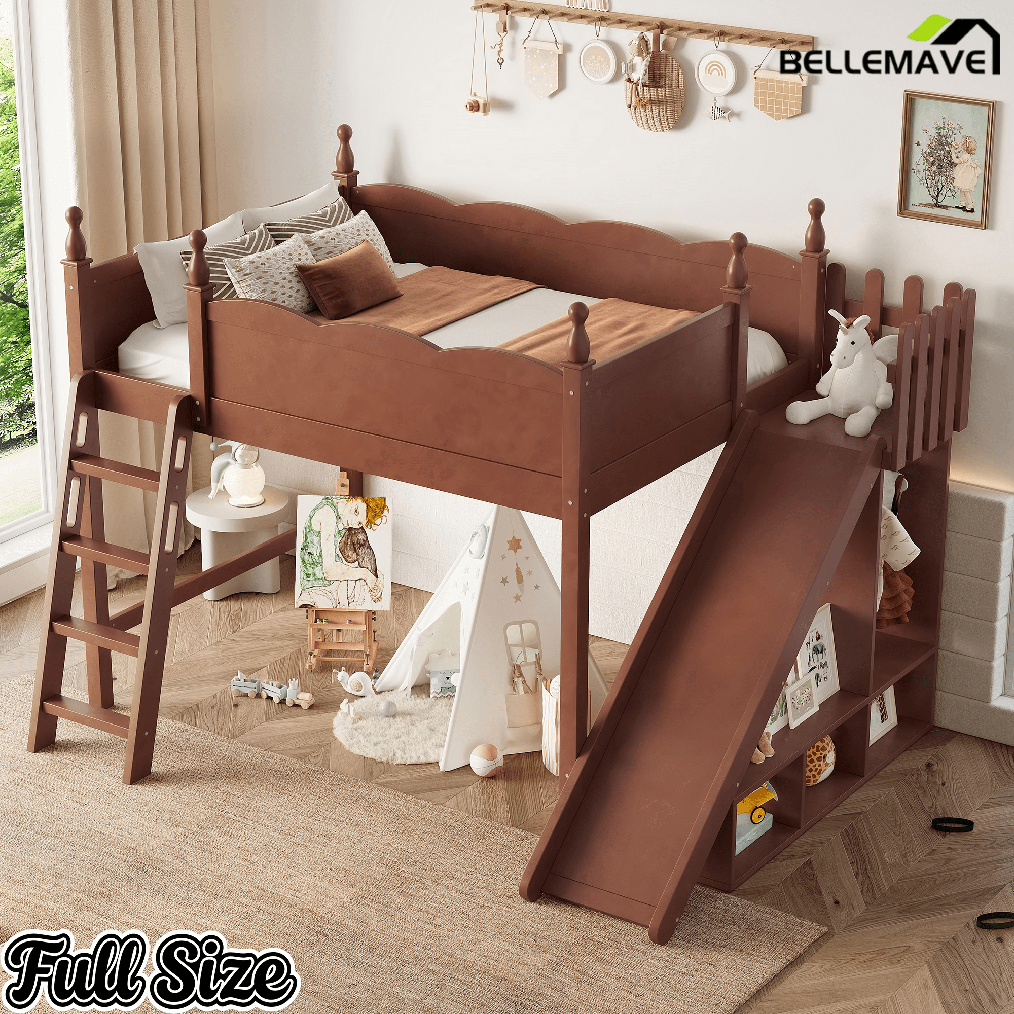 Bellemave® Kids Loft Bed with Storage Shelves & Wardrobe, Solid Wood Loft Bed Frame with Detachable Slide & Ladder for Girls & Boys - Bellemave