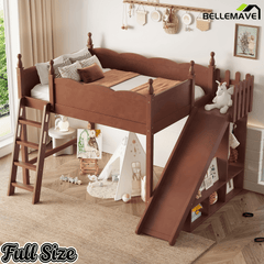 Bellemave® Kids Loft Bed with Storage Shelves & Wardrobe, Solid Wood Loft Bed Frame with Detachable Slide & Ladder for Girls & Boys - Bellemave
