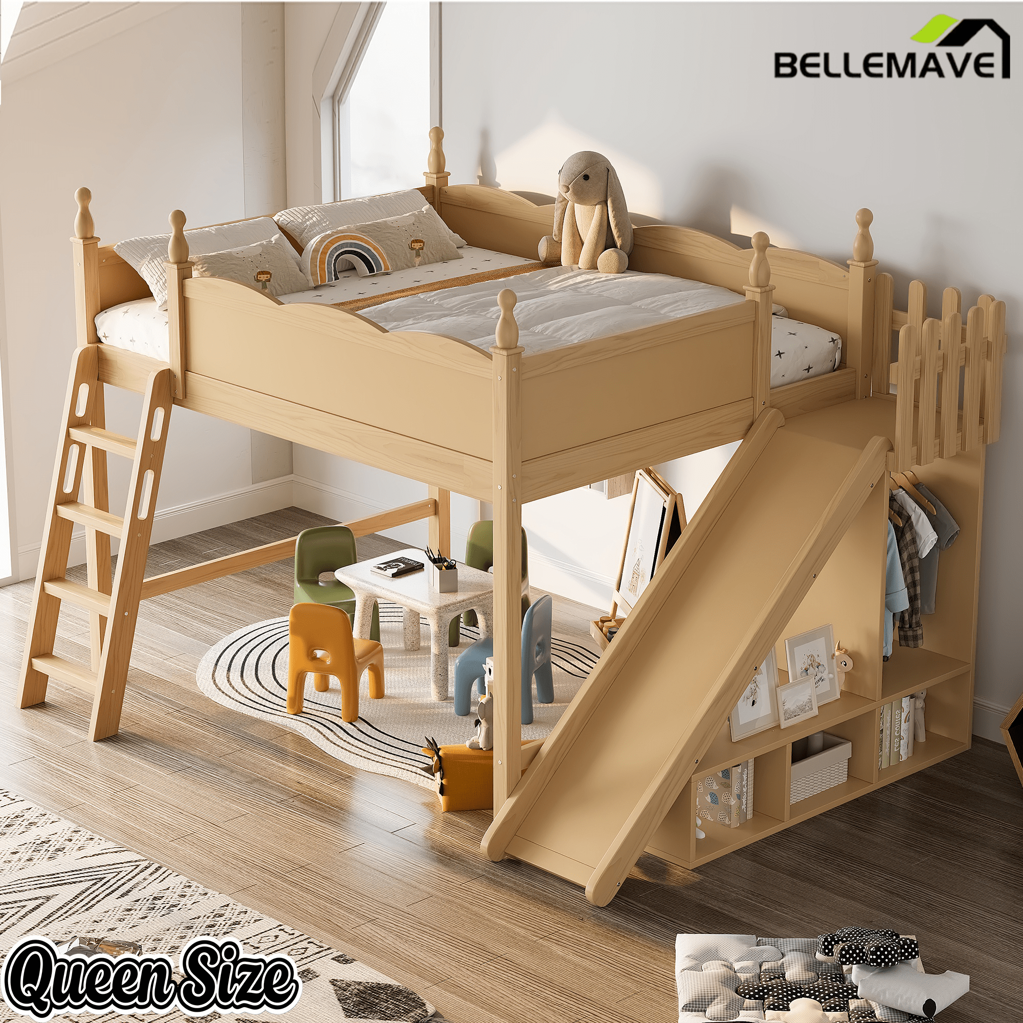 Bellemave® Kids Loft Bed with Storage Shelves & Wardrobe, Solid Wood Loft Bed Frame with Detachable Slide & Ladder for Girls & Boys - Bellemave