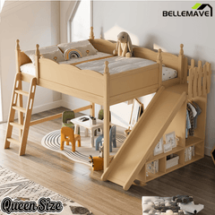 Bellemave® Kids Loft Bed with Storage Shelves & Wardrobe, Solid Wood Loft Bed Frame with Detachable Slide & Ladder for Girls & Boys - Bellemave