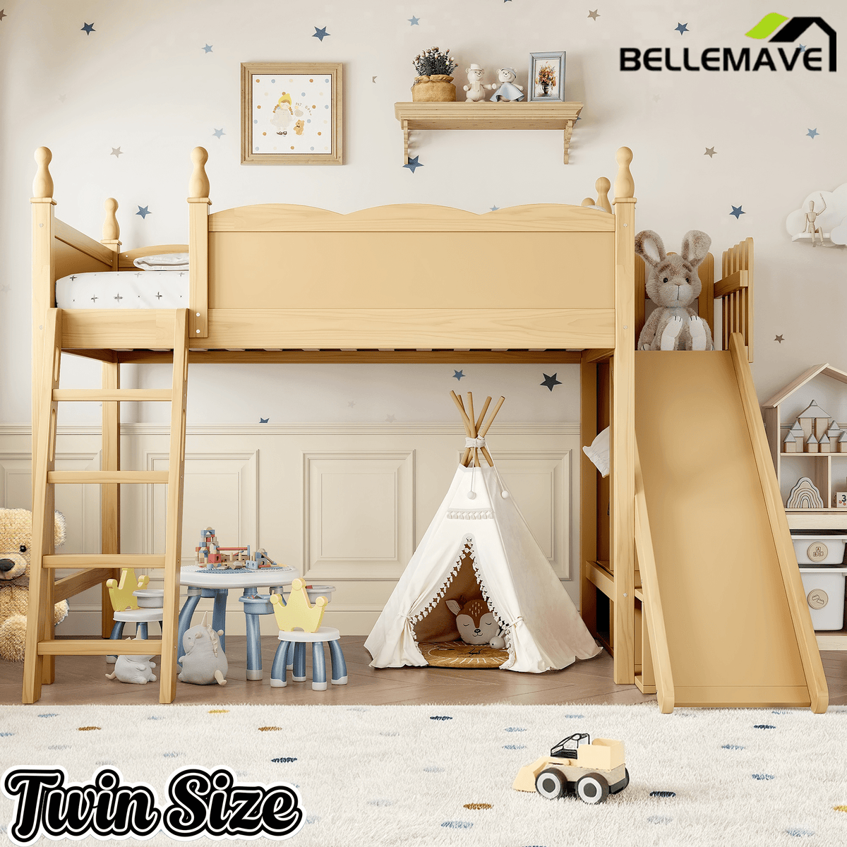 Bellemave® Kids Loft Bed with Storage Shelves & Wardrobe, Solid Wood Loft Bed Frame with Detachable Slide & Ladder for Girls & Boys - Bellemave