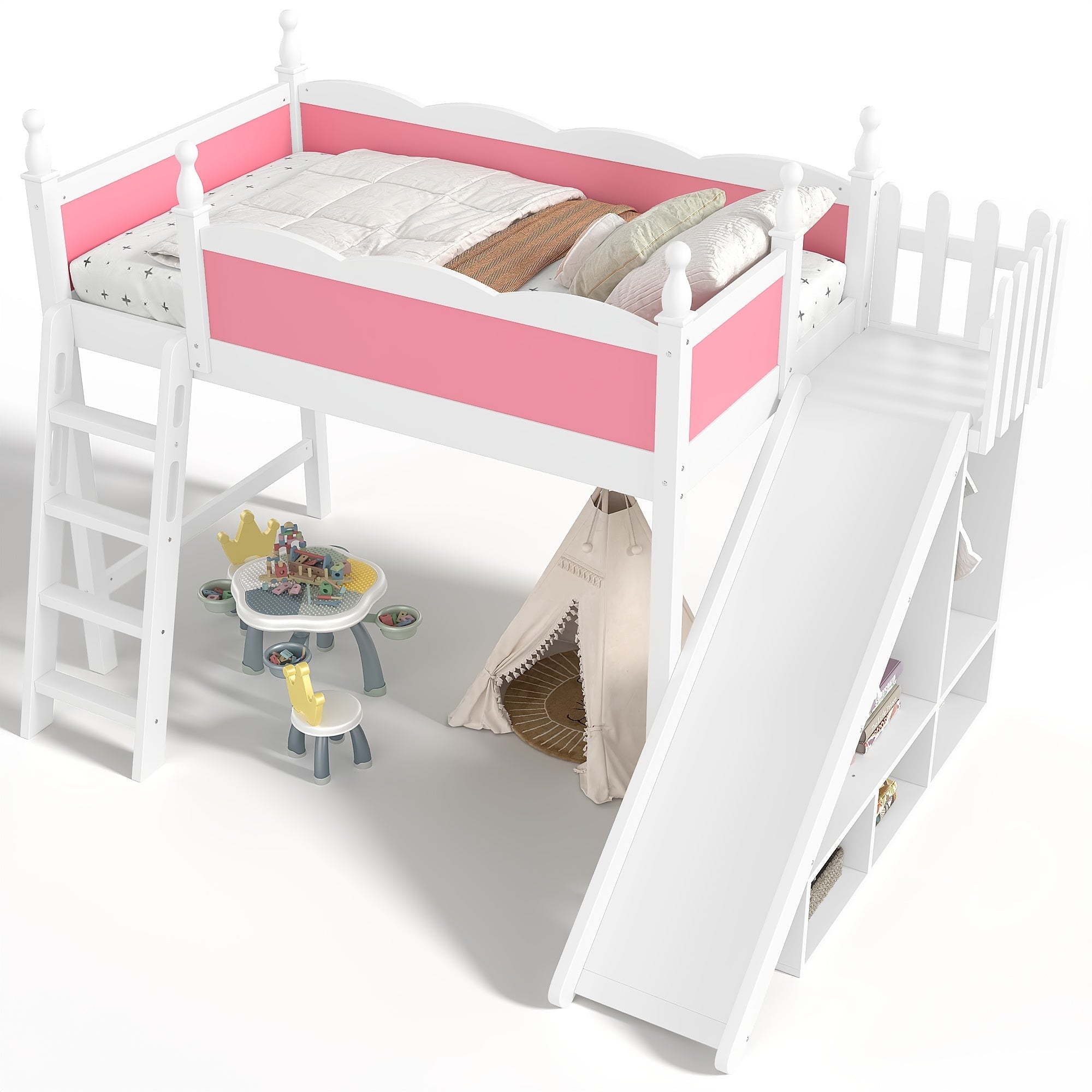 Bellemave® Kids Loft Bed with Storage Shelves & Wardrobe, Solid Wood Loft Bed Frame with Detachable Slide & Ladder for Girls & Boys - Bellemave
