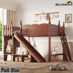 Bellemave® Kids Loft Bed with Storage Shelves & Wardrobe, Solid Wood Loft Bed Frame with Detachable Slide & Ladder for Girls & Boys - Bellemave