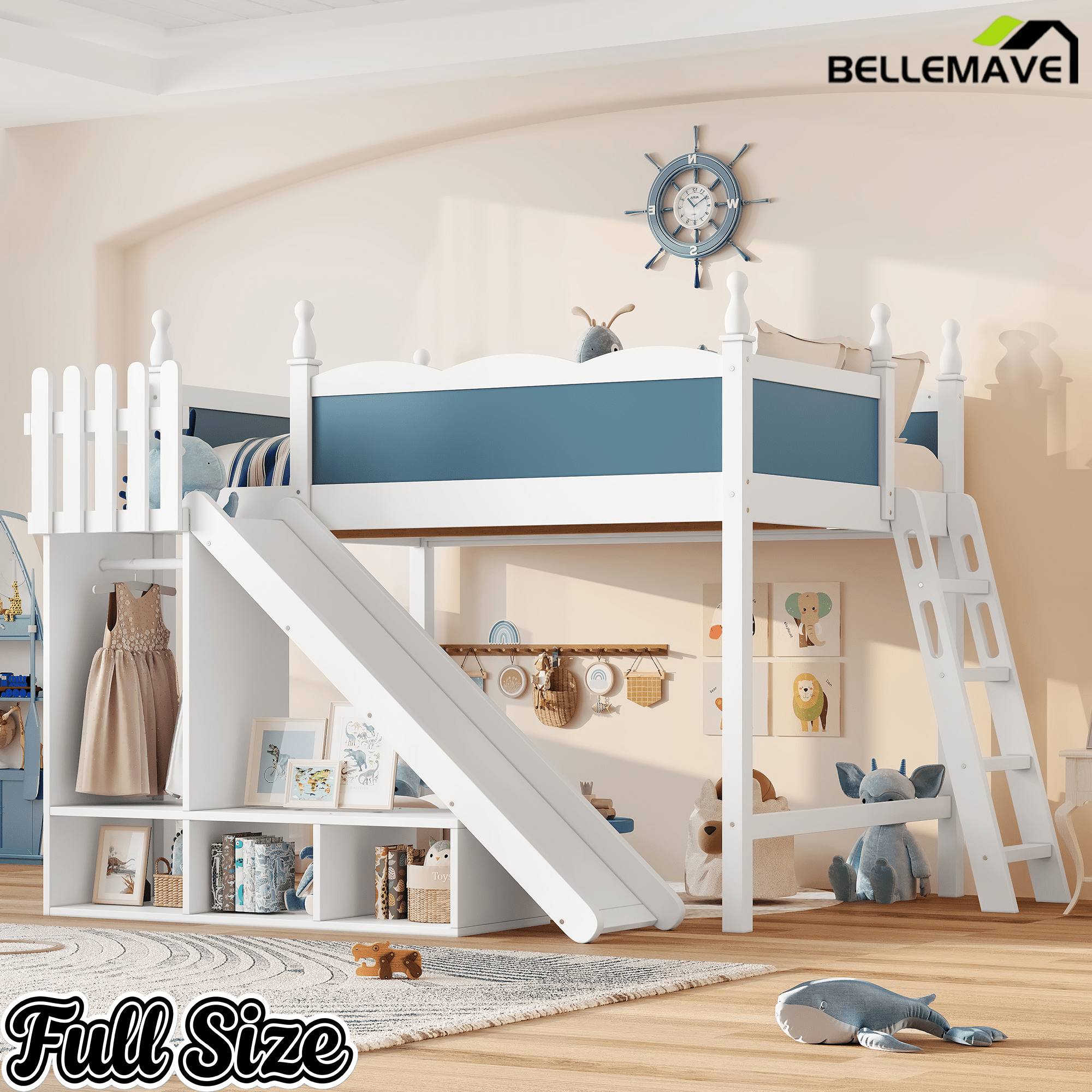 Bellemave® Kids Loft Bed with Storage Shelves & Wardrobe, Solid Wood Loft Bed Frame with Detachable Slide & Ladder for Girls & Boys - Bellemave