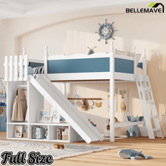 Bellemave® Kids Loft Bed with Storage Shelves & Wardrobe, Solid Wood Loft Bed Frame with Detachable Slide & Ladder for Girls & Boys - Bellemave