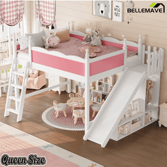 Bellemave® Kids Loft Bed with Storage Shelves & Wardrobe, Solid Wood Loft Bed Frame with Detachable Slide & Ladder for Girls & Boys - Bellemave